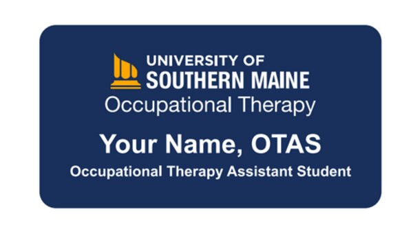 Blue badge with University of Southern Maine Occupational Therapy department logo for Occupational Therapy Assistant students